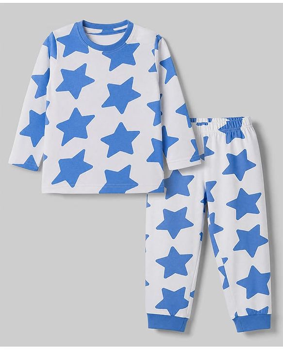 Babyhug 100% Cotton Knit Full Sleeves Co-Ords T-Shirt & Pyjama Night Suit with Star Print - Blue