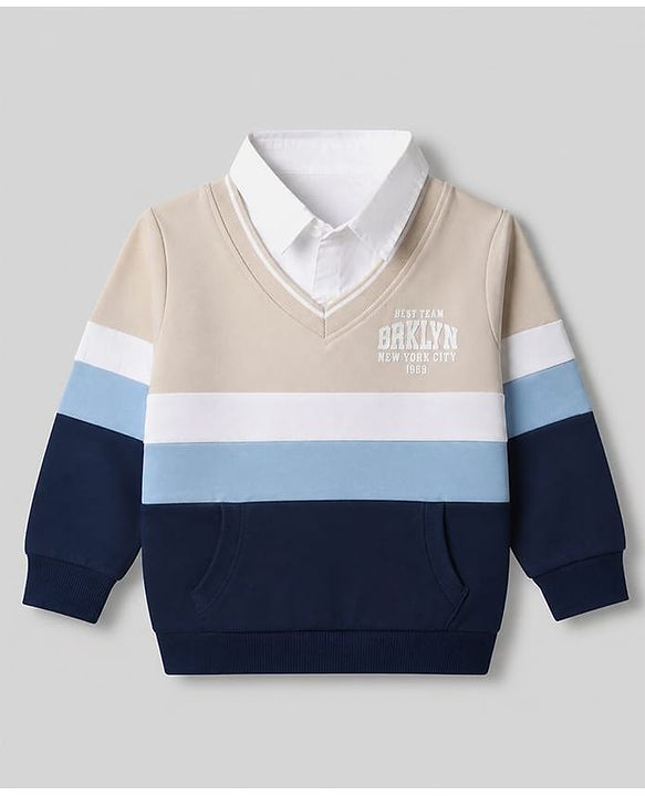 Babyhug 100% Cotton Knit Full Sleeves Sweatshirt with Brklyn New York City Embroidery and Stripes Print - Beige