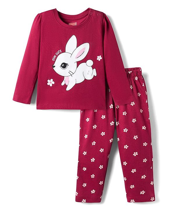 Babyhug 100% Cotton Knit Full Sleeves T-Shirts & Pajama Night Suit with Bunny Print - Maroon
