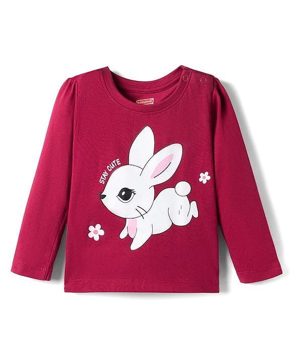 Babyhug 100% Cotton Knit Full Sleeves T-Shirts & Pajama Night Suit with Bunny Print - Maroon