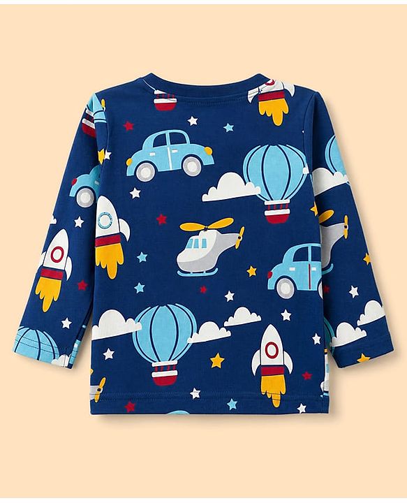 Babyhug 100% Cotton Knit Full Sleeves Co-Ords T-Shirt & Pyjama Night Suit with Vehicle Print - Blue