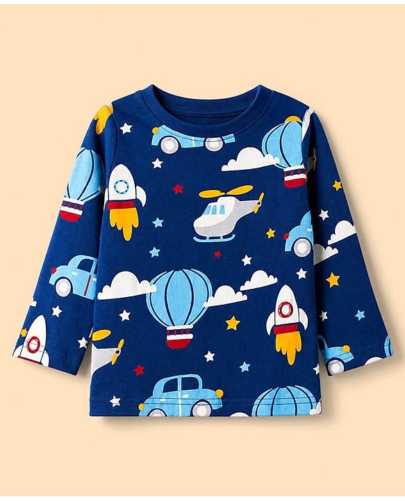 Babyhug 100% Cotton Knit Full Sleeves Co-Ords T-Shirt & Pyjama Night Suit with Vehicle Print - Blue