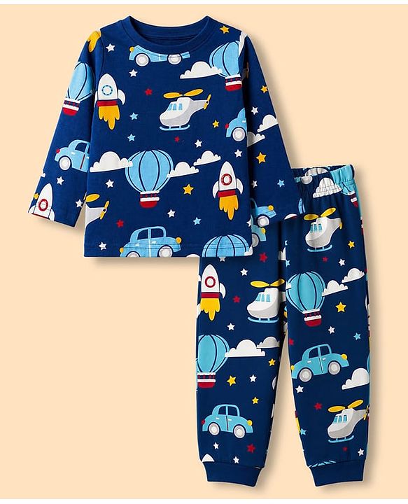 Babyhug 100% Cotton Knit Full Sleeves Co-Ords T-Shirt & Pyjama Night Suit with Vehicle Print - Blue