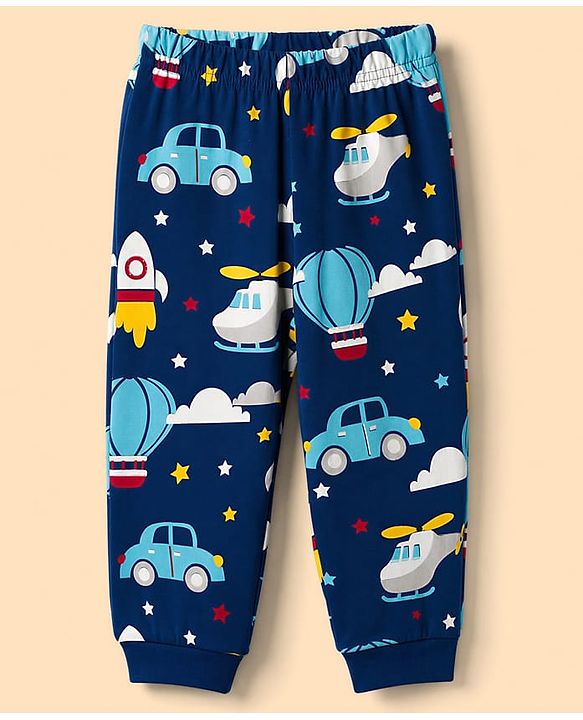 Babyhug 100% Cotton Knit Full Sleeves Co-Ords T-Shirt & Pyjama Night Suit with Vehicle Print - Blue