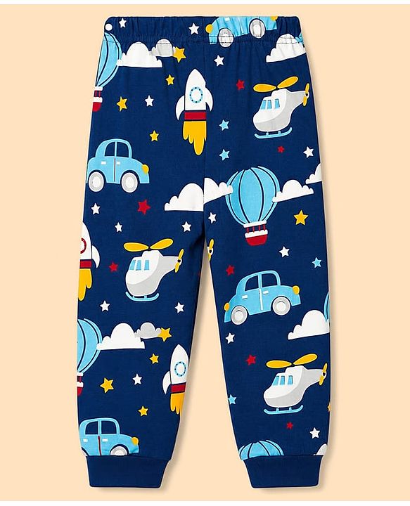 Babyhug 100% Cotton Knit Full Sleeves Co-Ords T-Shirt & Pyjama Night Suit with Vehicle Print - Blue