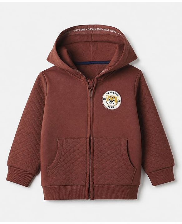 Babyhug 100% Cotton Knit Front Open Heavy Gauge Warm Quilted Full Sleeves Hooded Sweat Jacket With Tiger Patch - Brown