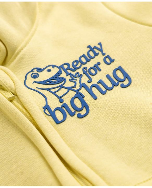Babyhug Cotton Blend Fleece Knit Full Sleeves Hooded Heavy Gauge Sweatshirt With Dinosaur Print - Lemon/Light Yellow
