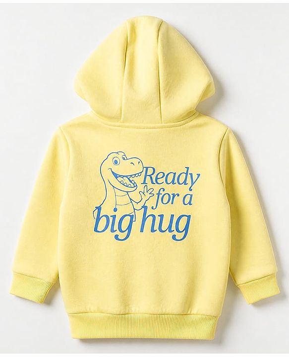 Babyhug Cotton Blend Fleece Knit Full Sleeves Hooded Heavy Gauge Sweatshirt With Dinosaur Print - Lemon/Light Yellow