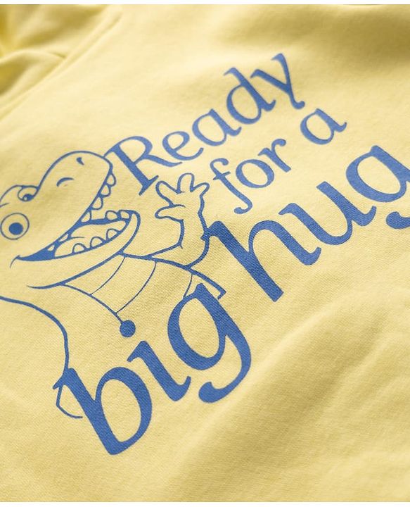 Babyhug Cotton Blend Fleece Knit Full Sleeves Hooded Heavy Gauge Sweatshirt With Dinosaur Print - Lemon/Light Yellow