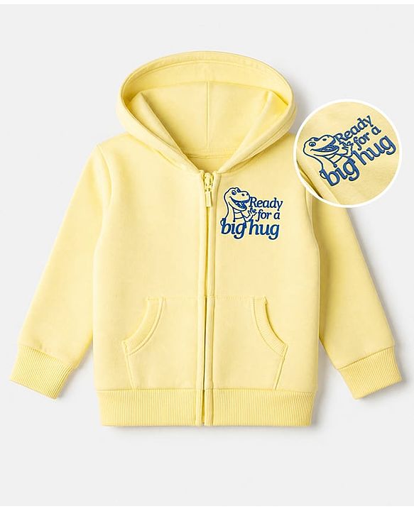 Babyhug Cotton Blend Fleece Knit Full Sleeves Hooded Heavy Gauge Sweatshirt With Dinosaur Print - Lemon/Light Yellow