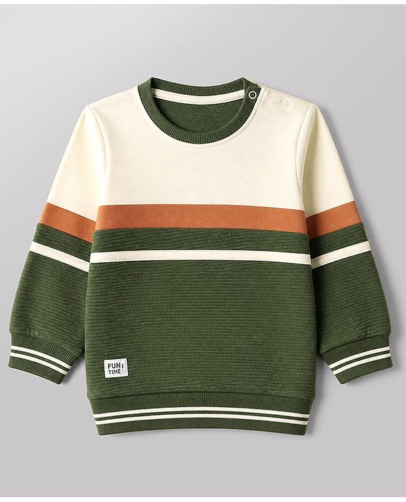 Babyhug 100% Cotton Ottoman Knit Heavy Gauge Sweatshirt with Full Sleeves and Striped Coler Block with Fun Time Patch - Green
