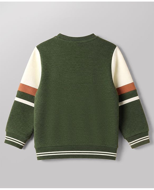 Babyhug 100% Cotton Ottoman Knit Heavy Gauge Sweatshirt with Full Sleeves and Striped Coler Block with Fun Time Patch - Green