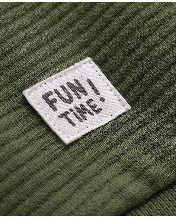Babyhug 100% Cotton Ottoman Knit Heavy Gauge Sweatshirt with Full Sleeves and Striped Coler Block with Fun Time Patch - Green