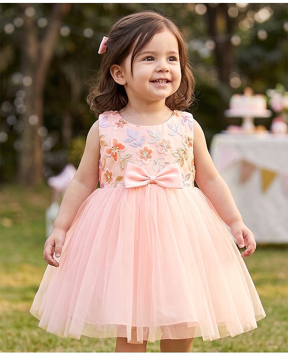 Babyhug Mesh Woven Sleeveless Butterfly & Floral Sequinned Party Frock With Bow Applique - Pink