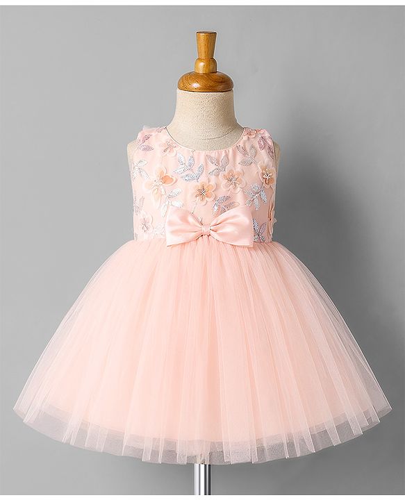 Babyhug Mesh Woven Sleeveless Butterfly & Floral Sequinned Party Frock With Bow Applique - Pink