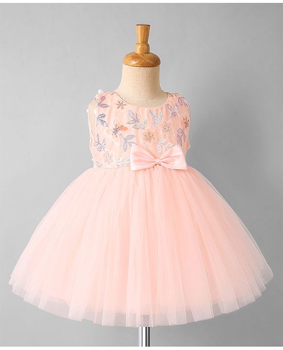 Babyhug Mesh Woven Sleeveless Butterfly & Floral Sequinned Party Frock With Bow Applique - Pink