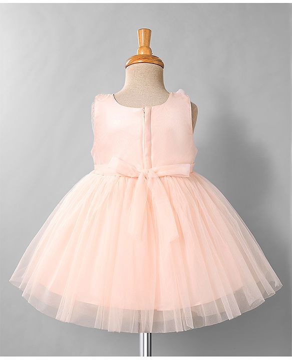 Babyhug Mesh Woven Sleeveless Butterfly & Floral Sequinned Party Frock With Bow Applique - Pink