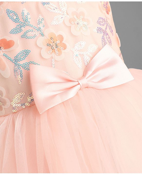 Babyhug Mesh Woven Sleeveless Butterfly & Floral Sequinned Party Frock With Bow Applique - Pink