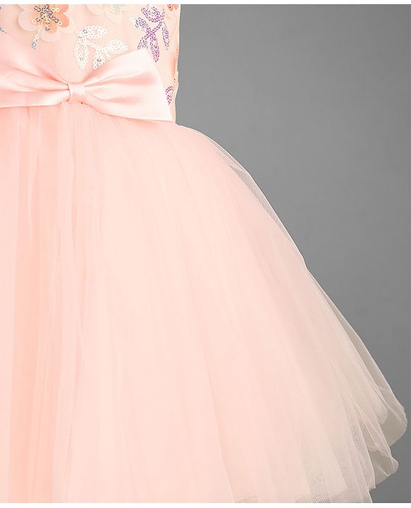 Babyhug Mesh Woven Sleeveless Butterfly & Floral Sequinned Party Frock With Bow Applique - Pink