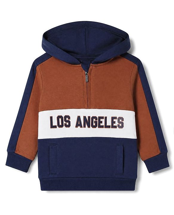 Babyhug 100% Cotton Knit Full Sleeves Front Open Heavy Gauge Hooded Sweatshirt with Los Angeles Print - Navy Blue & Brown