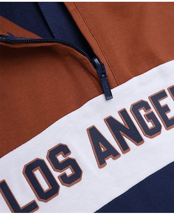 Babyhug 100% Cotton Knit Full Sleeves Front Open Heavy Gauge Hooded Sweatshirt with Los Angeles Print - Navy Blue & Brown
