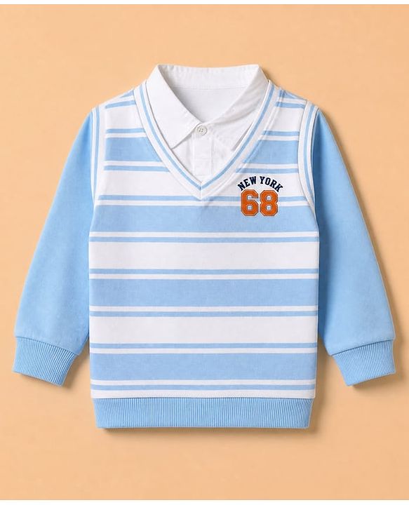 Babyhug 100% Cotton Knit Sweatshirt with Full Sleeves, Stripes Print and New York 68 Print - Blue