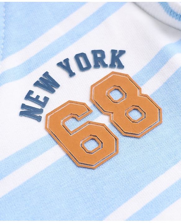 Babyhug 100% Cotton Knit Sweatshirt with Full Sleeves, Stripes Print and New York 68 Print - Blue