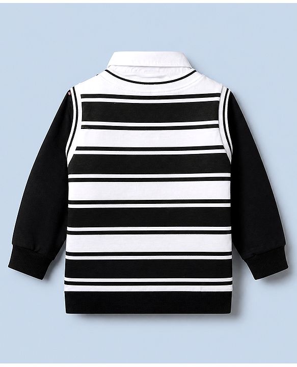 Babyhug Premium 100% Cotton Knit Sweatshirt with Full Sleeves, Bear Patch and Striped Print in Black