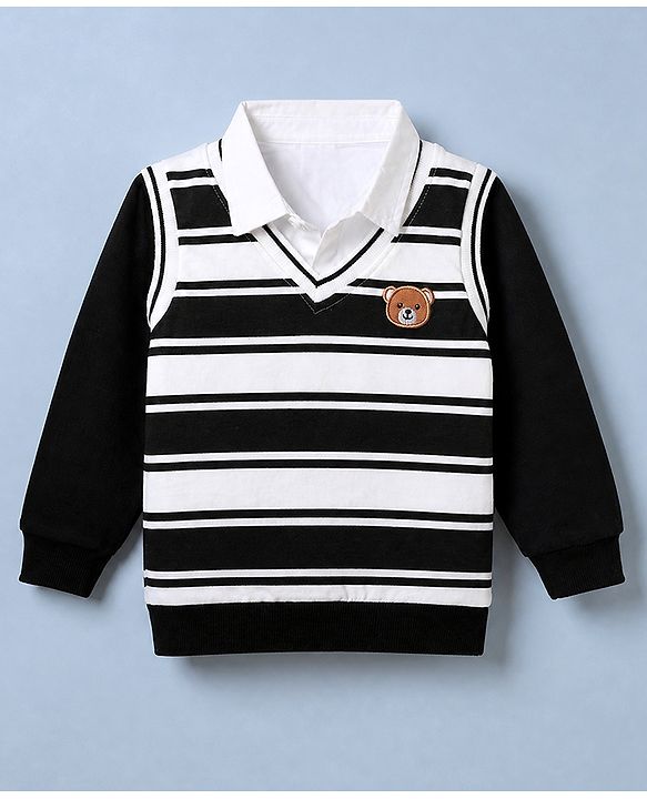 Babyhug Premium 100% Cotton Knit Sweatshirt with Full Sleeves, Bear Patch and Striped Print in Black
