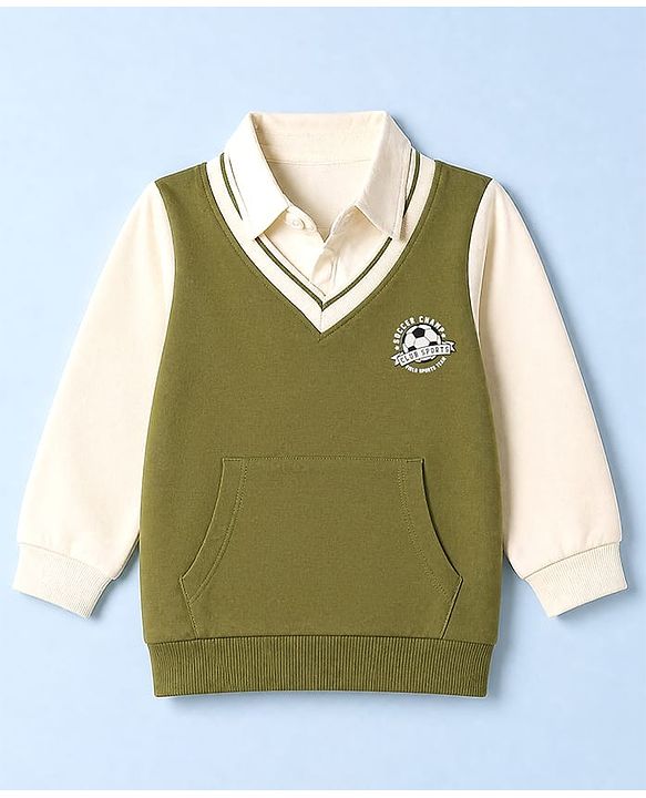 Babyhug 100% Cotton Knit Heavy Gauge Sweatshirt With Full Sleeves and Soccer Ball Print in Olive Green