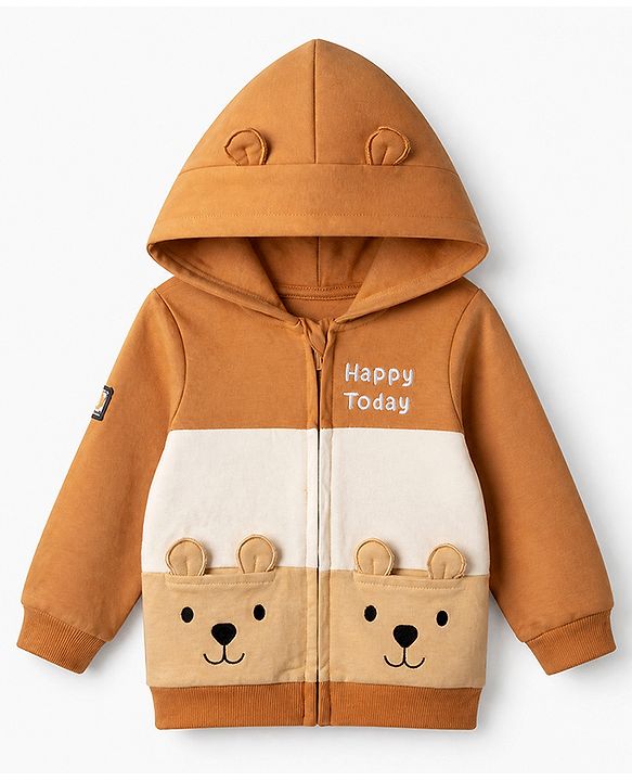 Babyhug 100% Cotton Knit Full Sleeves Heavy Gauge Hooded Sweatshirt With Bear Embroidery - Orange