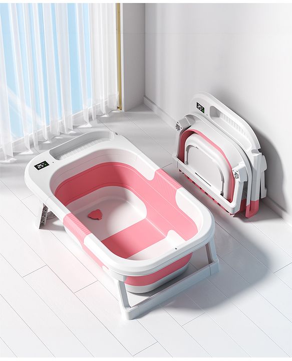 Babyhug Foldable Baby Bathtub | Compact Double Fold| Anti-Skid Base| Temperature Indicator| Suitable for 0 to 36 Months Boys & Girls| Drainage Plug - Grey