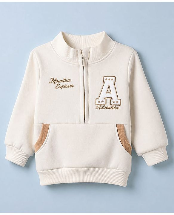 Babyhug Cotton Fleece Heavy Gauge Warm Front - Open Sweatshirt With Full Sleeves and Alphabet Embroidery in Offwhite
