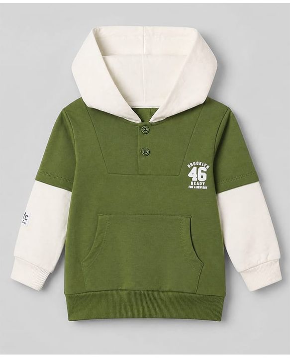 Babyhug 100% Cotton Knit Heavy Gauge Front Open Full Doctor Sleeves Hooded Sweatshirt with Brooklyn 46 Ready For A New Day Print - Olive Green