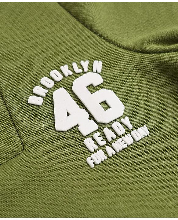 Babyhug 100% Cotton Knit Heavy Gauge Front Open Full Doctor Sleeves Hooded Sweatshirt with Brooklyn 46 Ready For A New Day Print - Olive Green