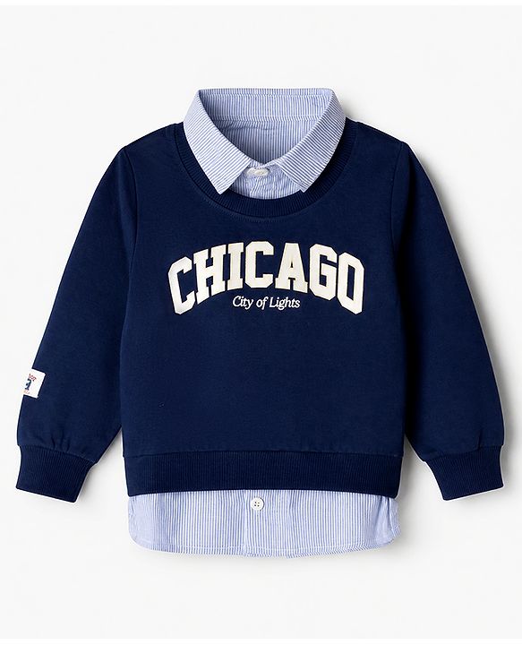 Babyhug 100% Cotton Knit Full Sleeves Heavy Gauge Sweatshirt With Chicago Print - Navy Blue
