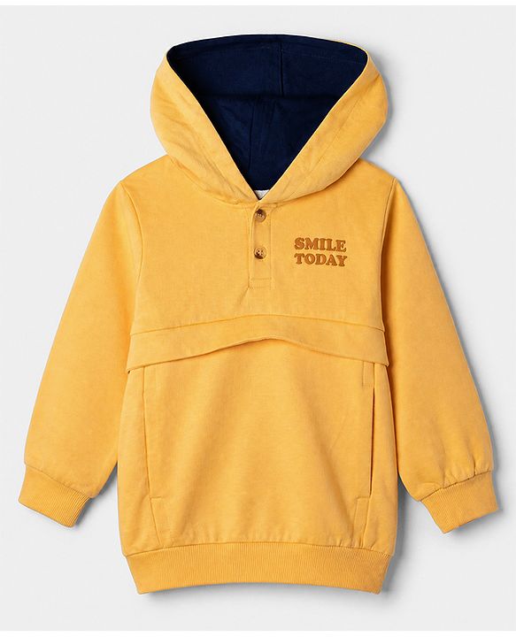 Babyhug 100% Cotton Heavy Gauge Knit Sweatshirt with Full Sleeves, Front Buttons and Smile Today Embroidery in Yellow