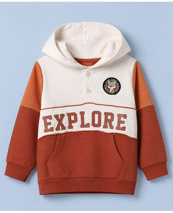 Babyhug Heavy Gauge 100% Cotton Knit Hooded Front Open Sweatshirt with Full Sleeves & Explore Text Print - White