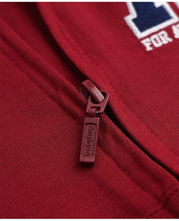 Babyhug Cotton Knit Full Sleeves Hooded Front Open Heavy Gauge Sweatshirt With a Alphabet Text Print - Maroon