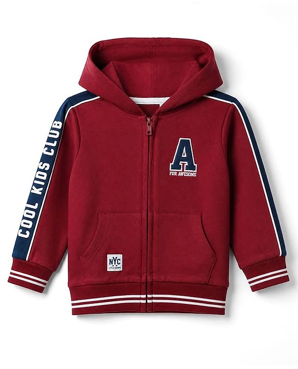 Babyhug Cotton Knit Full Sleeves Hooded Front Open Heavy Gauge Sweatshirt With a Alphabet Text Print - Maroon