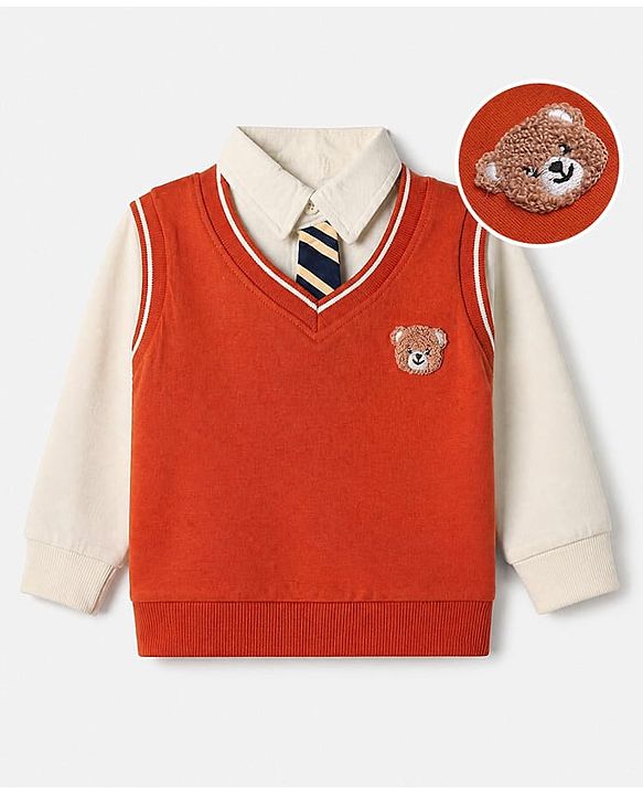 Babyhug 100% Cotton Knit Full Sleeves Heavy Gauge Sweatshirt With Tie & Bear Applique - Orange
