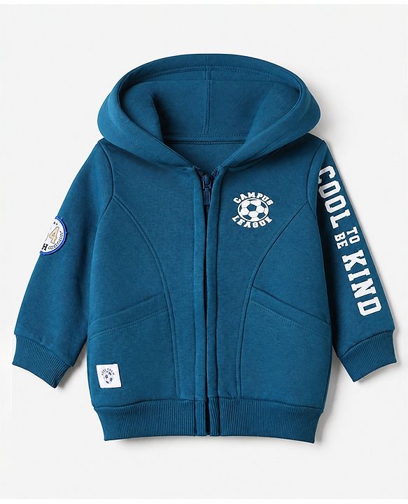 Babyhug Cotton Blend Fleece Knit Front Open Heavy Gauge Hooded Sweatshirt with Full Sleeves and Campus League Print - Blue