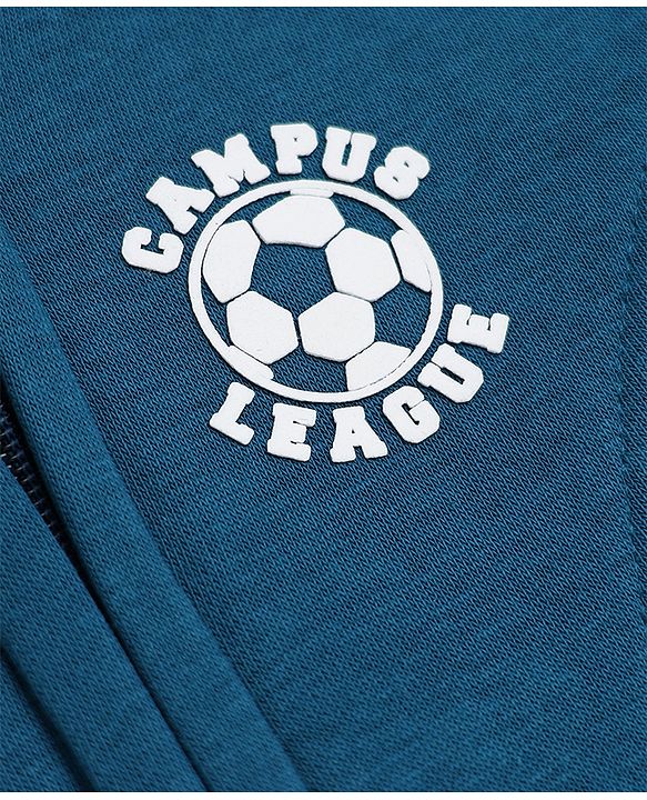 Babyhug Cotton Blend Fleece Knit Front Open Heavy Gauge Hooded Sweatshirt with Full Sleeves and Campus League Print - Blue