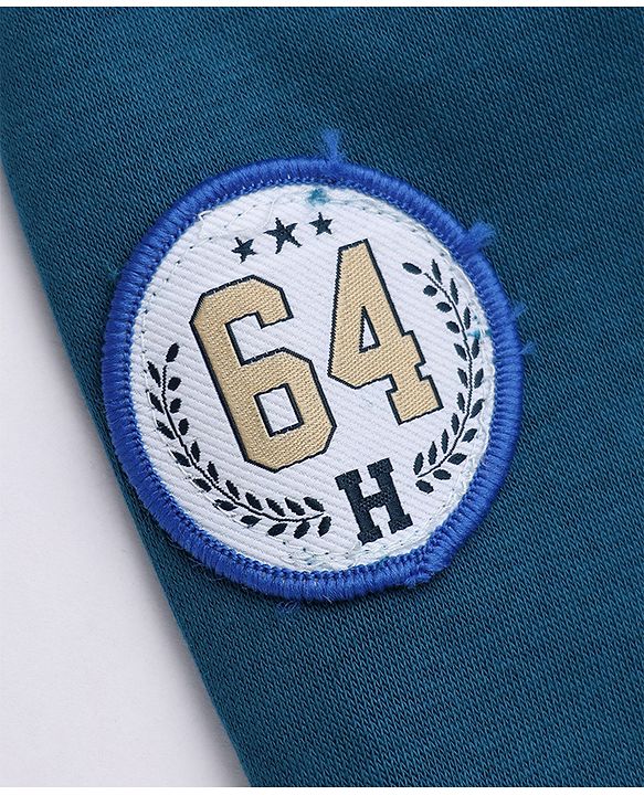 Babyhug Cotton Blend Fleece Knit Front Open Heavy Gauge Hooded Sweatshirt with Full Sleeves and Campus League Print - Blue
