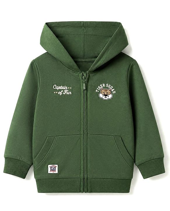 Babyhug 100% Cotton Knit Full Sleeves Heavy Gauge Hooded Sweatshirt With Tiger Embroidery And Slogan Print - Olive Green