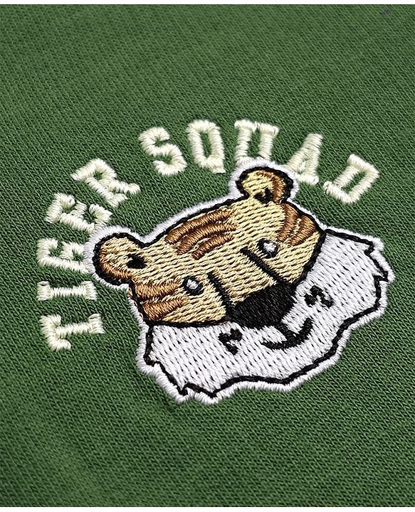 Babyhug 100% Cotton Knit Full Sleeves Heavy Gauge Hooded Sweatshirt With Tiger Embroidery And Slogan Print - Olive Green