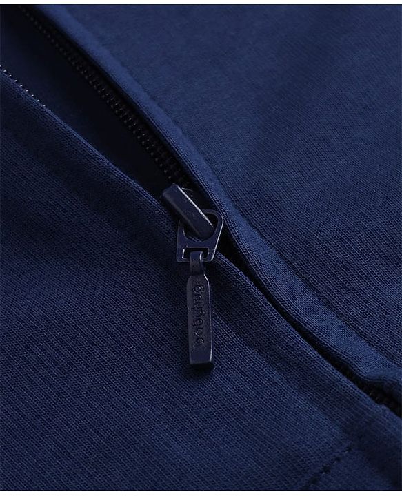 Babyhug 100% Cotton Knit Front Open Heavy Gauge Full Sleeves Hooded Sweat Jacket With Text Print - Navy Blue