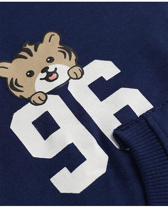 Babyhug 100% Cotton Knit Front Open Heavy Gauge Full Sleeves Hooded Sweat Jacket With Text Print - Navy Blue