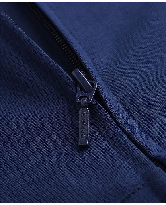 Babyhug 100% Cotton Knit Front Open Heavy Gauge Full Sleeves Hooded Sweat Jacket With Text Print - Navy Blue