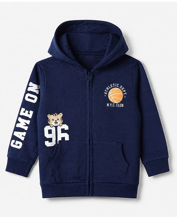 Babyhug 100% Cotton Knit Front Open Heavy Gauge Full Sleeves Hooded Sweat Jacket With Text Print - Navy Blue